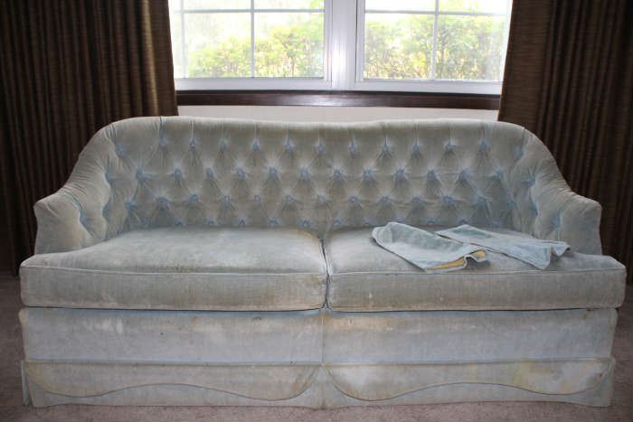 Vintage light blue mini sofa distinguished upholstery by Heritage 