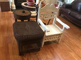 16	chairs	white painted square chair 22x17x16sh	 $125.00 
67		brown wicker table 24x22	 $75.00 68		round wicker table w drawer 18x26.5	 $75.00 

