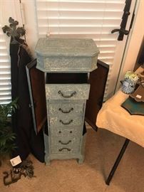 9		Blue wood jewelry cabinet 12.5x8 x 38	 $75.00 

