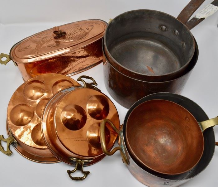 Huge collection of early copper pots - some dovetailed