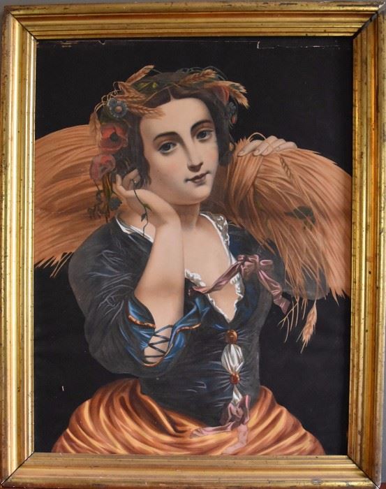 19th Century Oil Pastel and Gouache  painting in original gilt wood frame