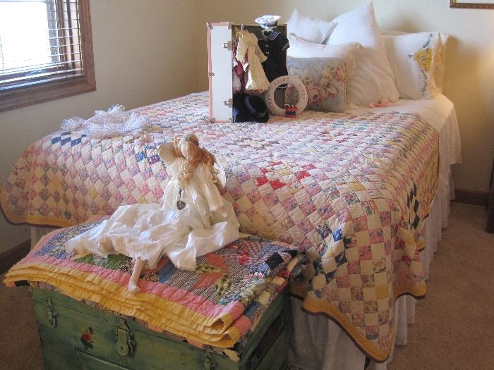 Vintage linens, angel, doll case all available. Client is retaining the quilts and trunk