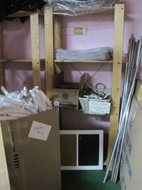 Display racks, hangers galore and plastic hanger covers, coark/chalk board combo