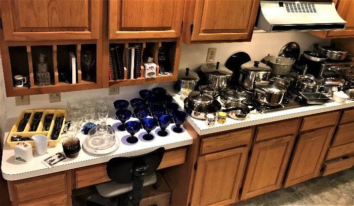 Cobalt Blue Glassware, Flatware, Nice Pots and Pans