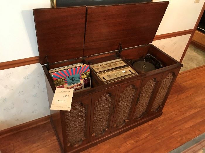 Stromberg-Carlson console stereo with Garrard Turntable.  Record Albums (More boxes of vinyl records in the basement)