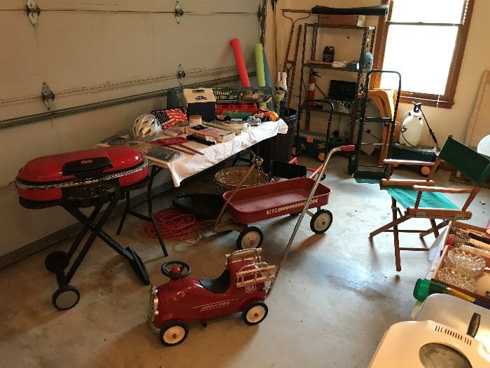 Portable Grill, Radio Flyer Fire Engine No. 9 toddler riding toy, red wagon, director chair, hand trucks, yard stuff