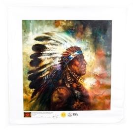 Unframed "Firechief" Giclee: An unframed “Firechief” giclee. This unframed piece is on stretched canvas. It is from the International Galleries Inc. and is a limited edition. It is numbered 857/1000 and signed by a giclee master. It is also signed Tom duBois in plate in the lower left corner. A COA is included.