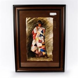 Offset Lithograph Print After "Crazy Quilt": An offset lithograph after “Crazy Quilt”. This lithograph after Gordon Snidow is on paper and mounted to brown board. It is framed in a wooden frame. This piece is presented under glass. There is hanging hardware present to the verso.