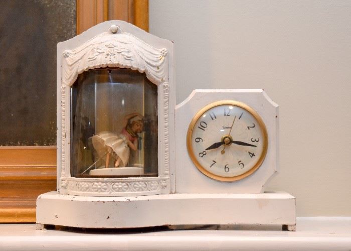 United Mantle Clock with Ballerina, Wood (has been painted, needs repair)