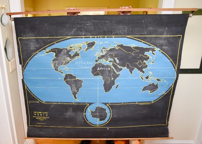 Double Sided World & USA 1950s Cartocraft Slated Classroom Map by Denoyer-Geppert, Made in Chicago (there are 2 of these)