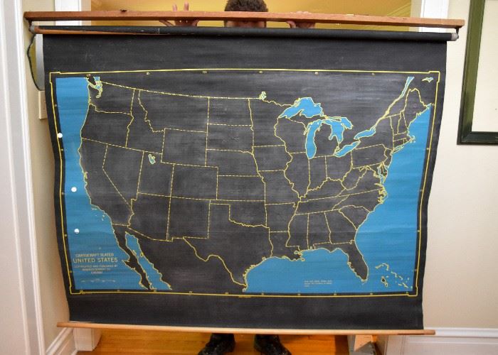 Double Sided World & USA 1950s Cartocraft Slated Classroom Map by Denoyer-Geppert, Made in Chicago (there are 2 of these)