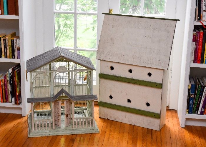 Painted Wood Bird Cage & Rustic Painted Wood Bird / Martin House