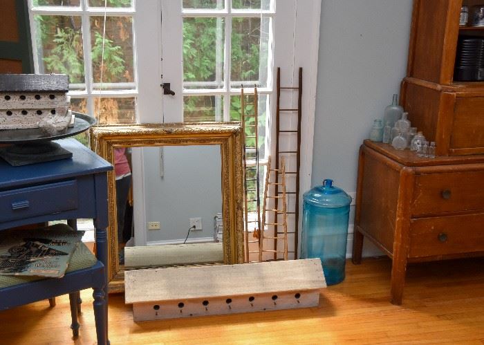 Gilt Framed Wall Mirror, Primitive Bird House, Decorative Ladders, Blue Glass Jar