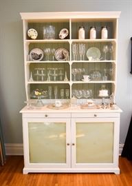 Wonderful Cottage Style Setback China Cabinet / Hutch (White with Green Beadboard Backing, Frosted Glass Doors)