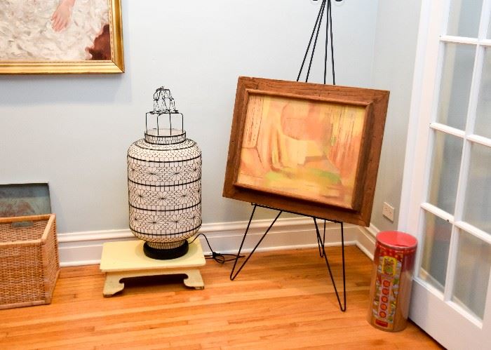 Yellow Painted Chinese Wooden Stand, Electric Asian Lantern (needs US adapter), Metal Easel, Incense Sticks