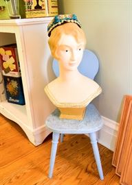 Vintage Mannequin Bust Store Display, Painted Wood Child's Chair
