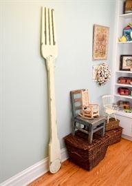 Large Painted Fork Wall Hanging, Baskets, Wooden Chairs