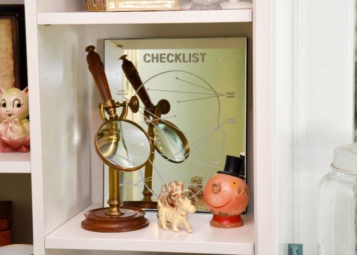 Magnifying Glass on Stand, Dog Figurines, (Magnifying Glass is SOLD)