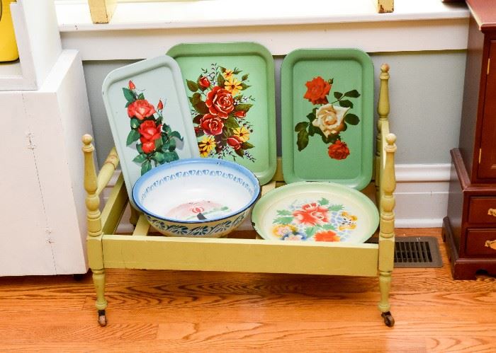Colorful Vintage Chinese Enamelware Plate, Bowl & Trays, Vintage Doll Bed