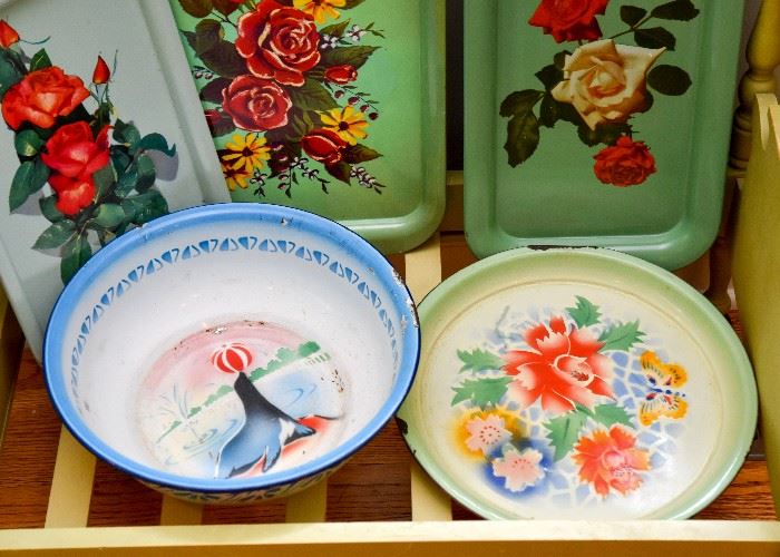 Colorful Vintage Chinese Enamelware Plate & Bowl