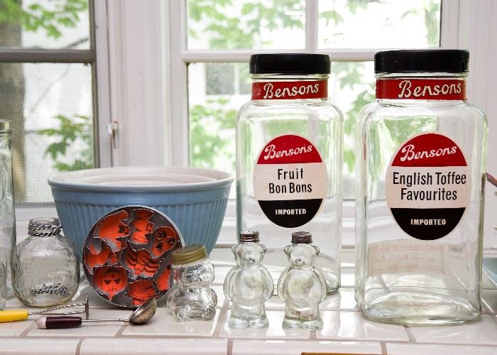 Benson's Glass Candy Jars, Glass Figural Bear Salt & Pepper, Bottles