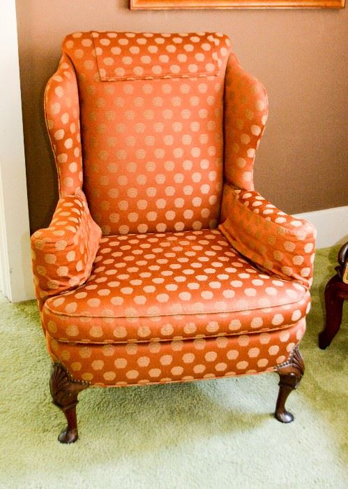BUY IT NOW!  Lot 101, Wingback Chair, Orange Polka Dot Upholstery, $150 