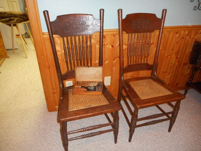Two Oak Spindle/ Pressed Backed Chairs