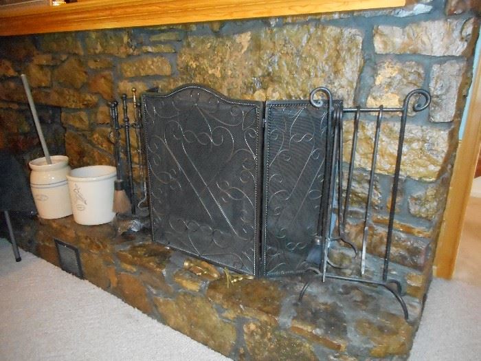 Fabulous tri fold fireplace screen, two sets of very heavy (one ornate & one southwestern) fireplace tools