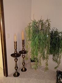 Brass candle stands & artificial tree