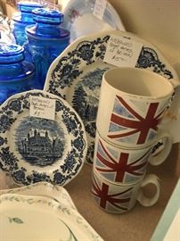 British mugs from WWII, blue and white china and blue glass cannisters