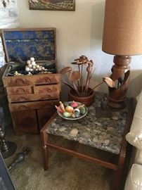 Terrazo end table by John Van Koert, mid century teak, alabaster fruit