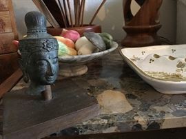 buddha head on mount, alabaster vegetables? from italy, Italian hand painted ashtray on vintage terrazo end table