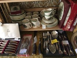 Spode Christmas, bone handled china, silver plated and Sterling serving pieces