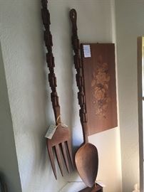 Giant carved wood salad servers because and italian marquetry 