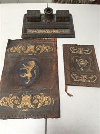 Rare grouping of 18th century pieces including early leather topped ink well and beautiful ornate gilded leather folders, beautiful pieces