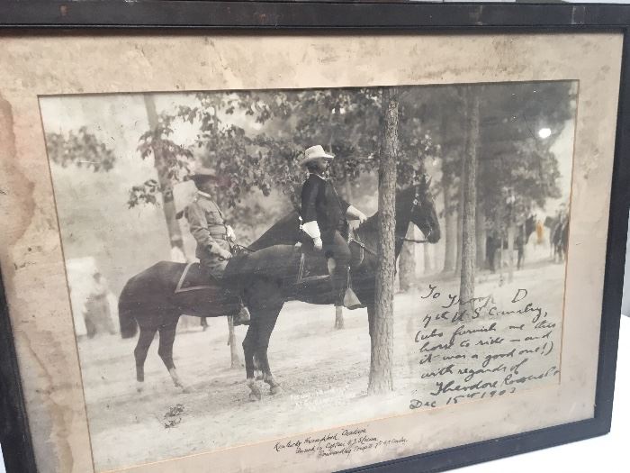  Original photograph of President Teddy Roosevelt and colonel HJ Slocum on horseback, signed to the troops of the seventh cavalry during the Spanish American war! 
Truly a remarkable piece!