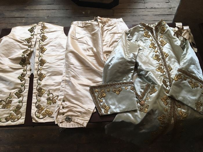 Mega rare late 19th century costumes worn by family members to a costume ball in Newport area. Modeled after 17th Century wear. These pieces are stunningly beautiful and are museum quality!!
A must see in person!!!