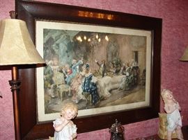 Antique framed print and two porcelain figurines