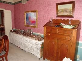 Important Jackson press from Columbia, TN with race track molding on drawers, original pulls, 2 cabinet doors, and nice shelf gallery on top.   Circa 1860