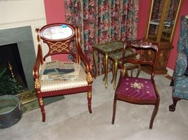 Mahogany side chair and carved desk chair with needlepoint seat