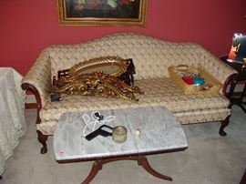 Chinese Chippendale upholstered sofa and marble top coffee table in Duncan Phyfe style