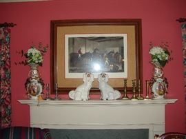 Pair Staffordshire dogs and pair of Old Paris style urns, framed and matted horse print