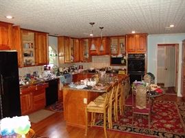 Set of 6 bar stools, glass top table and 4 metal chairs, Oriental rug and lots of kitchen wares