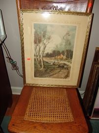 Antique framed print seated on antique oak chair