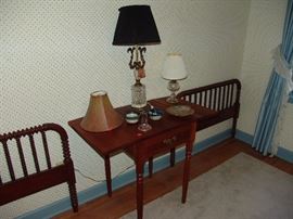 Jenny Lind style headboards of twin beds and Cherry drop leaf side table with one drawer