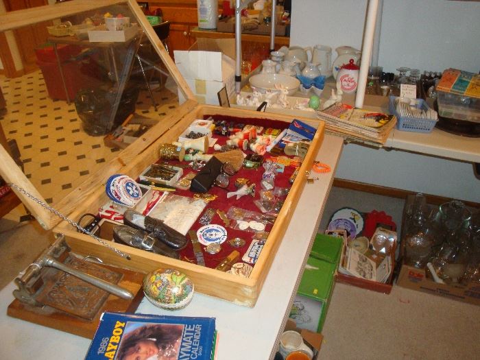 WWII metals, ambulance patches, playboy desk calanders, pilgram childs shoes, marbles, german paper mache egg