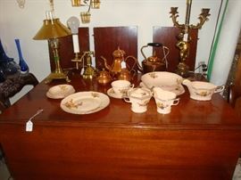 drop leaf table, brass teapots, table lamps, 50's dinnerware