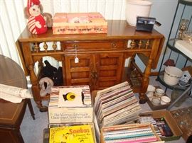 lp's, drop leaf sofa table, childs tea set, antique stuffed animals