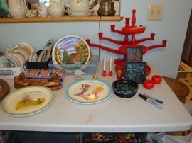 jewel tea, decorator plates, bronze shoe book ends, scandinavian items