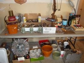 vintage pool balls, bb gun, hall flower pots. car heater, finger chopper fan